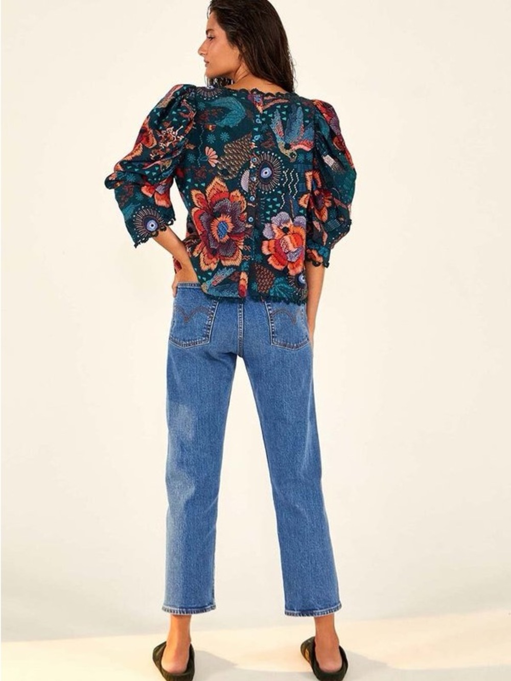 Farm Rio NWT Teal River Creatures Puff Sleeve Blouse Floral Embroidered Size S - Picture 3 of 15